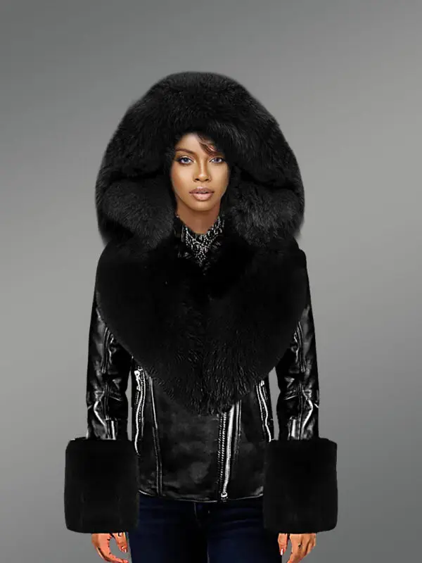 Biker Leather Jacket with Fox Fur Hood and Cuffs - Image 2
