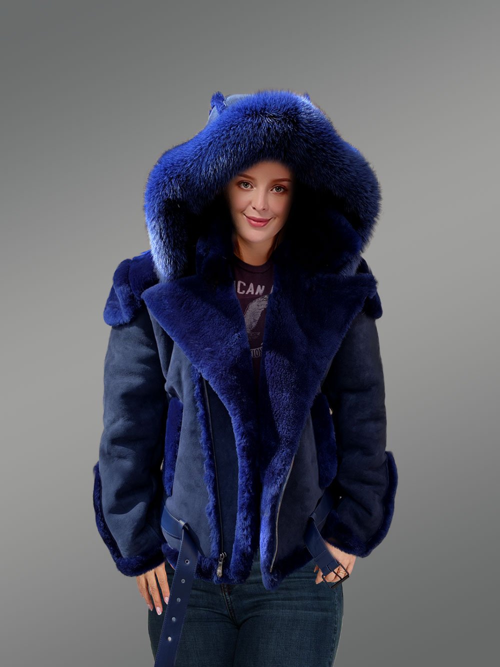 Blue Suede Finish Biker Style Shearling Jacket for Women - Image 3