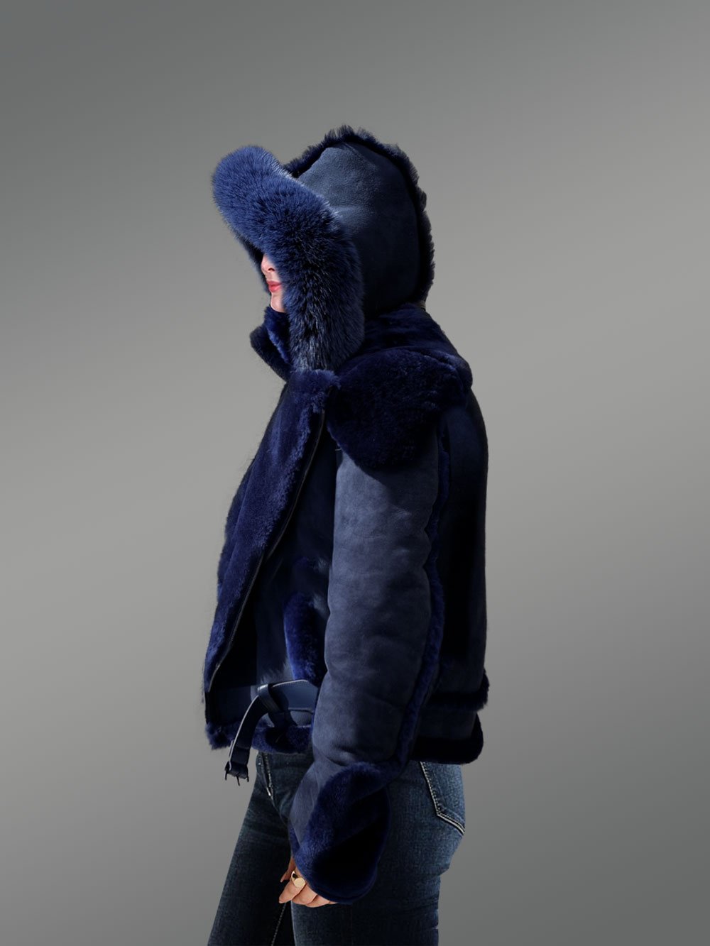 Blue Suede Finish Biker Style Shearling Jacket for Women - Image 4