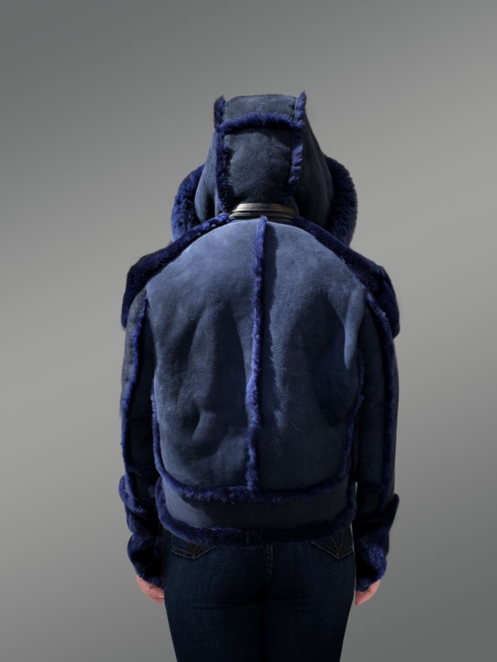 Blue Suede Finish Biker Style Shearling Jacket for Women - Image 5