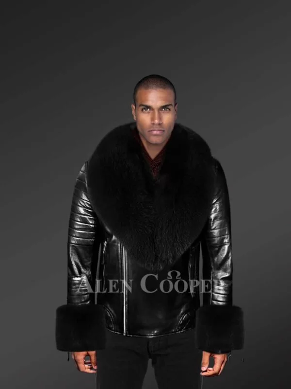 Black Leather Jacket With Fox Fur Collar And Cuffs