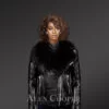 Black Leather Motorcycle Jacket with Detachable Black Fox Fur Collar