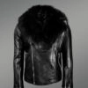 Black Motorcycle Leather Jacket with Fox Fur Collar for Men