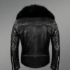 Black Motorcycle Leather Jacket with Fox Fur Collar for Men