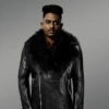 Black Motorcycle Leather Jacket with Fox Fur Collar for Men