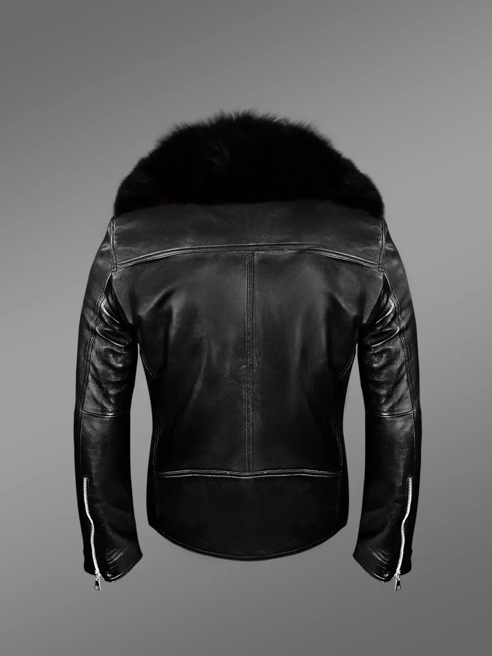 Black Motorcycle Leather Jacket with Fox Fur Collar for Men