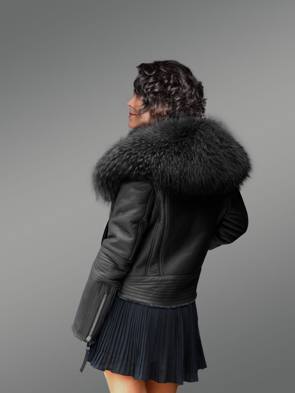 Black Real leather Jacket with Raccoon fur collar for Women - Image 3