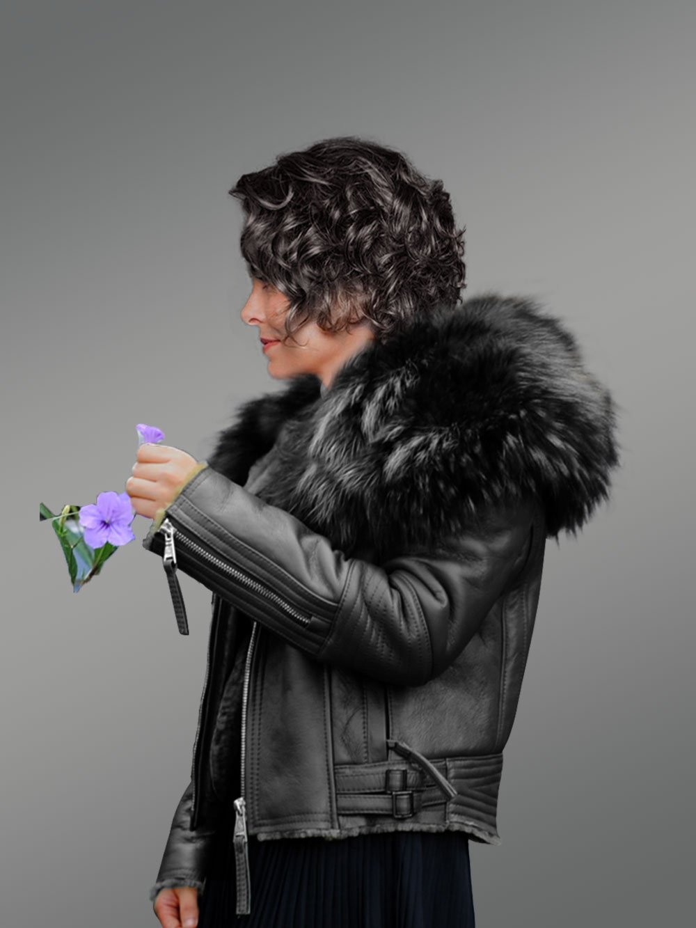 Black Real leather Jacket with Raccoon fur collar for Women - Image 2