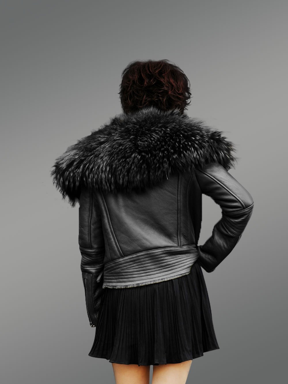 Black Real leather Jacket with Raccoon fur collar for Women - Image 4