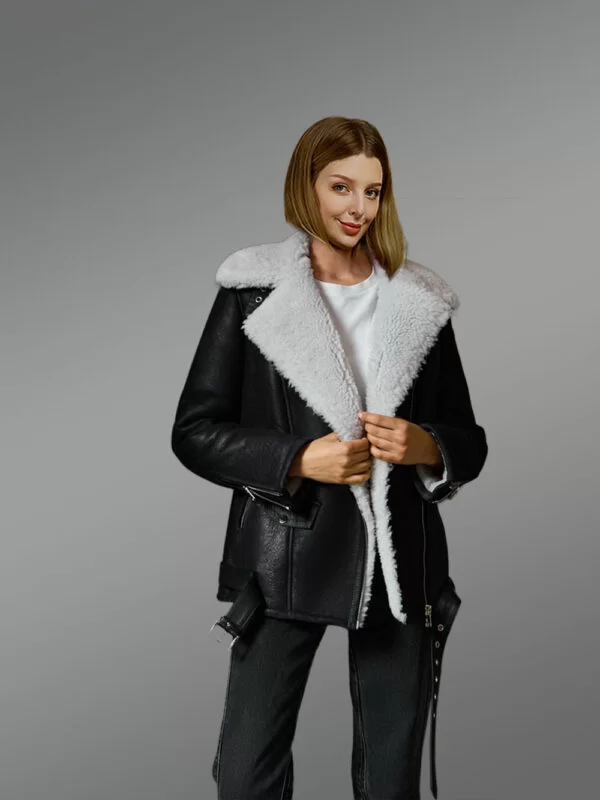 Black Sheepskin Shearling Jacket with White Wool Detailing - Image 2