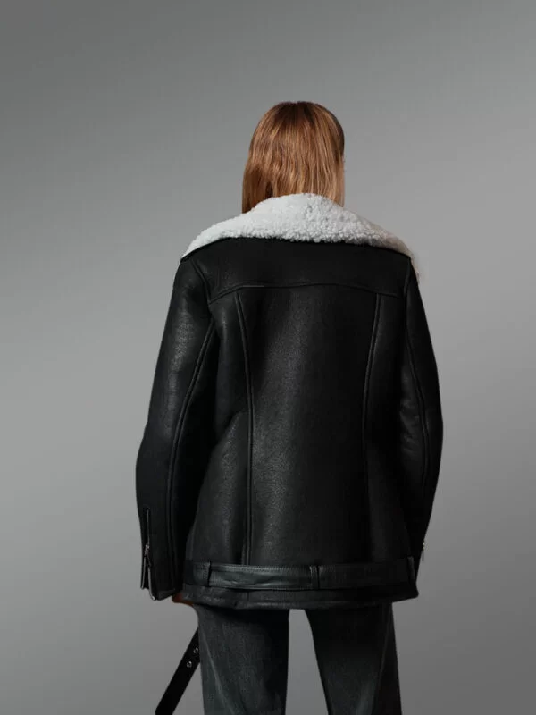 Black Sheepskin Shearling Jacket with White Wool Detailing - Image 3
