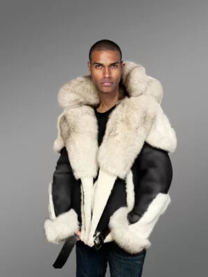 Black Sheepskin Shearling Jacket with Fox Fur views