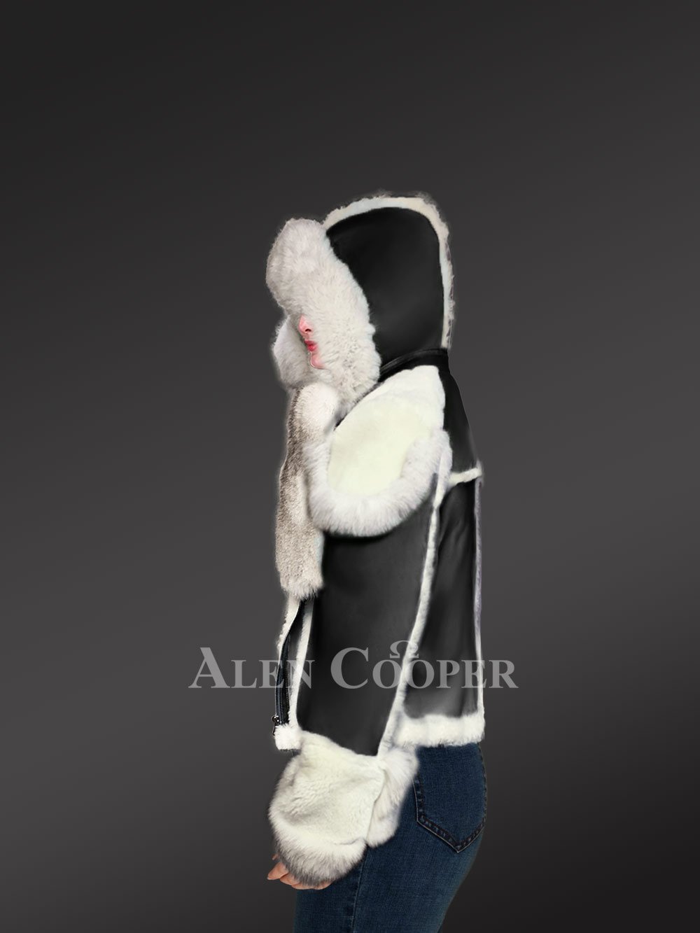 Black Sheepskin Shearling Jacket with Fox Fur for Women - Image 4