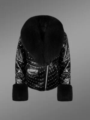Black Leather Jackets with Detachable Fur Collar and Handcuffs