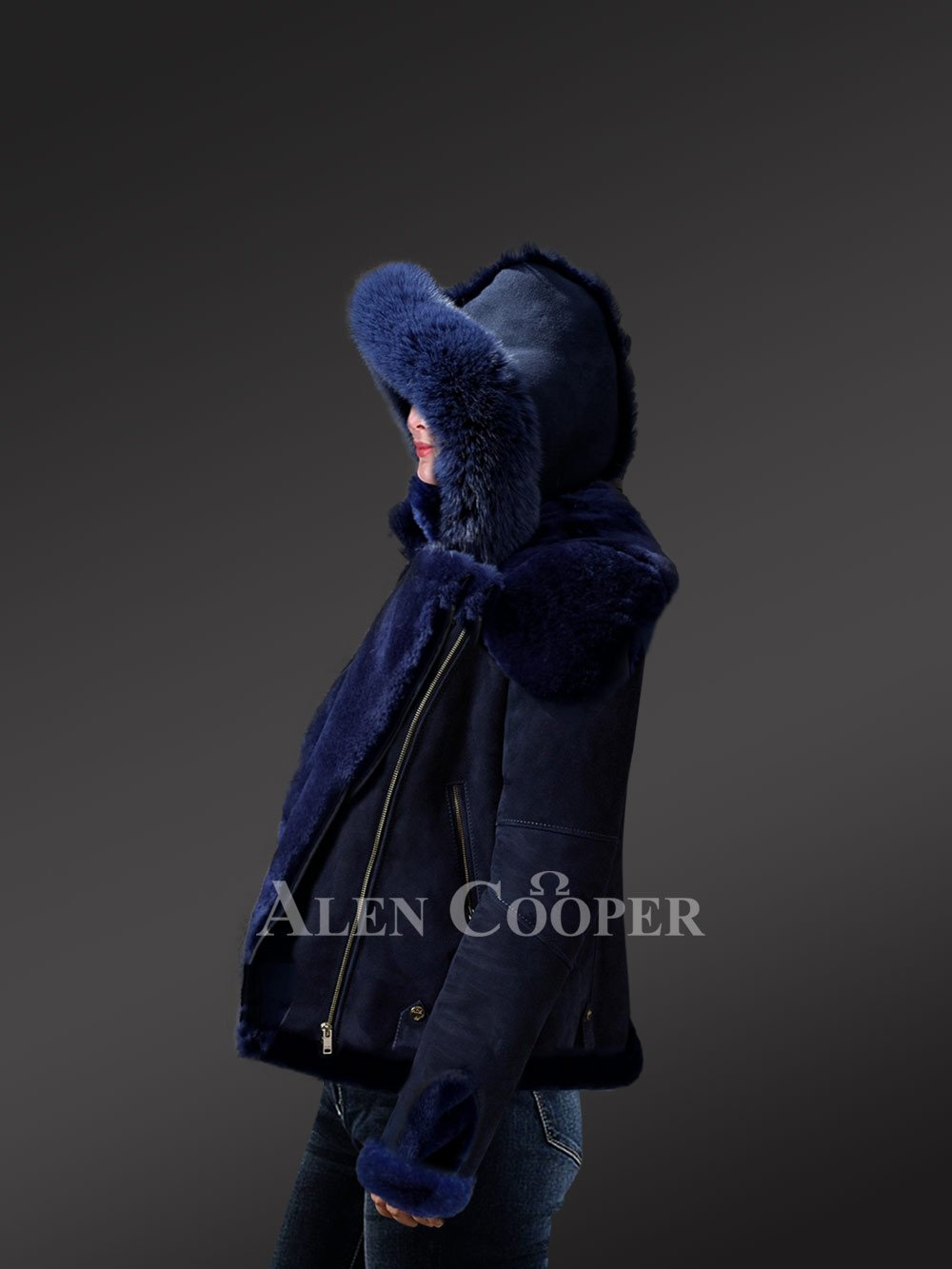 Blue Biker Style Shearling Jacket for Women - Image 3