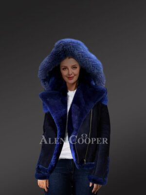 Blue Biker Style Shearling Jacket for Women