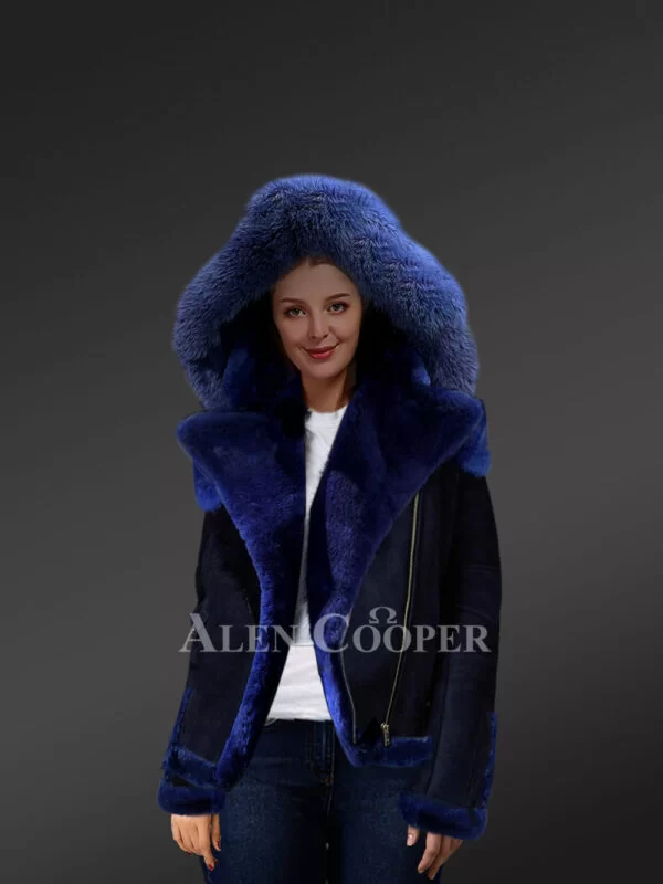Blue Biker Style Shearling Jacket for Women