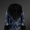 Blue Leather Jacket For Women With Fox Fur Collar And Cuffs