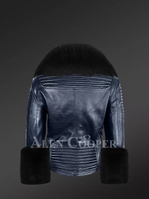Blue Leather Jacket for Women with Fox Fur Collar and Cuffs - Image 3