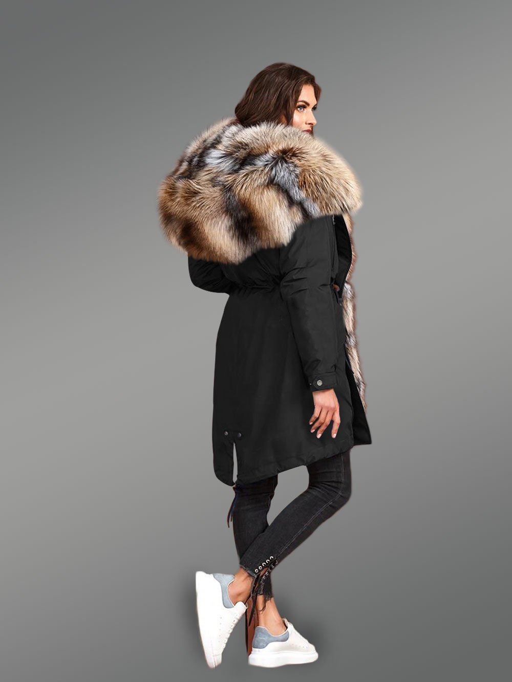 Blue Frost Fox Fur Hybrid Black Parka with Rabbit Liner Convertible for Women's - Image 3