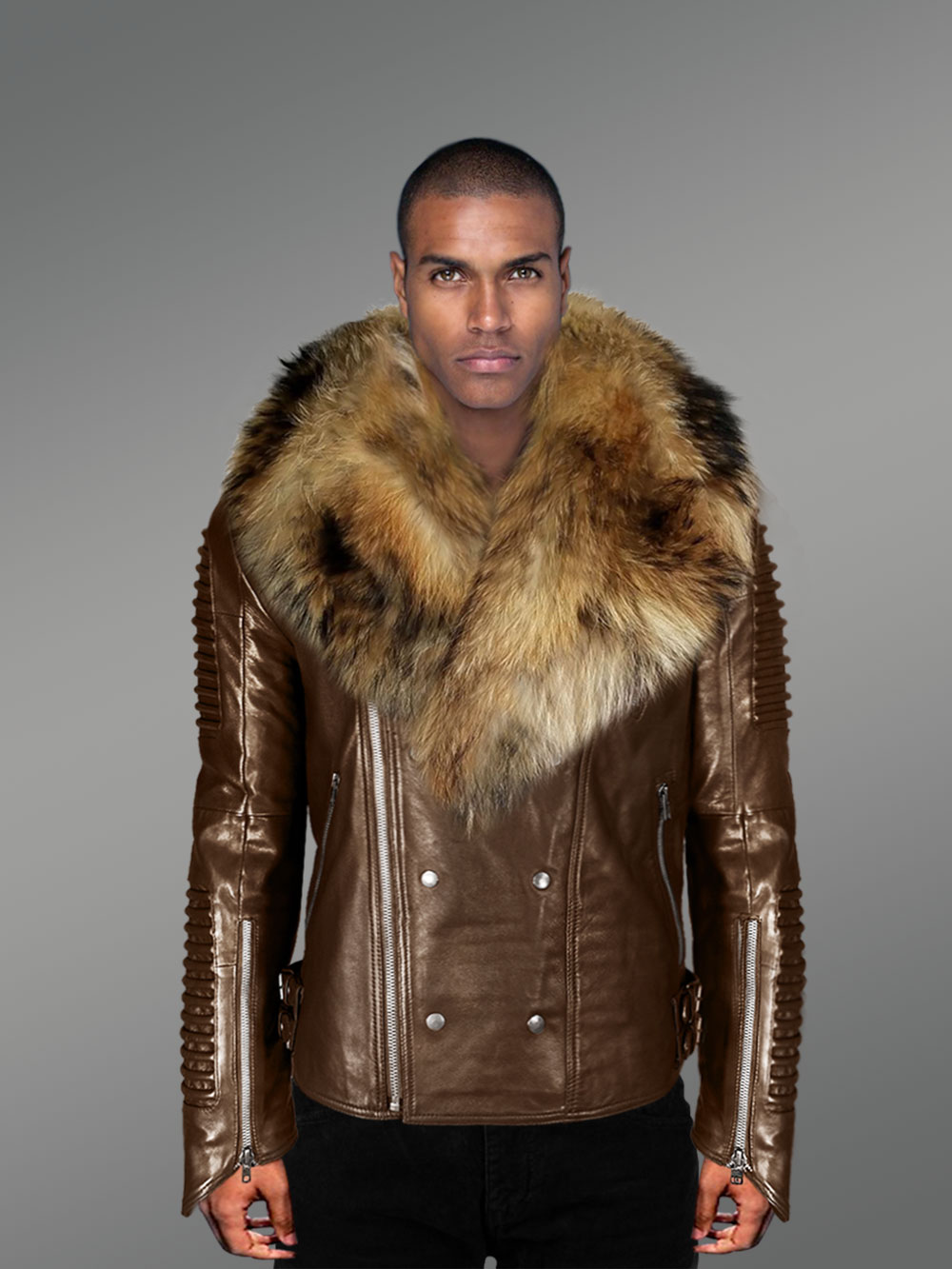 Brown Leather Jacket With Fur Collar For Men