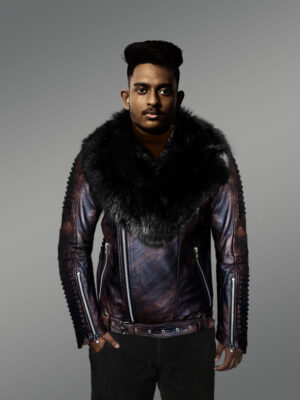 Chic And Stylish Men’s Leather Jackets in Coffee with Pure Fox Fur Collar
