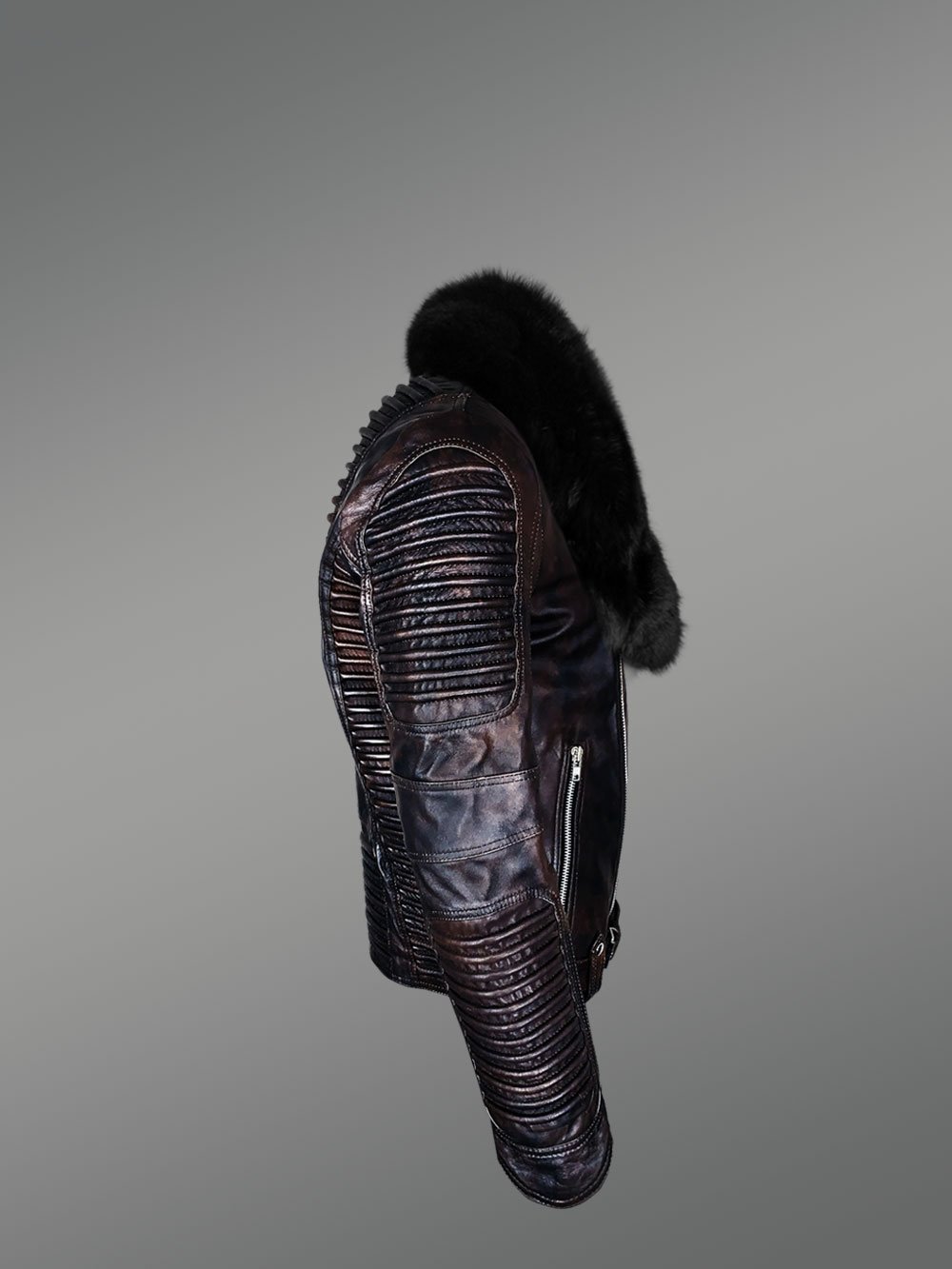 Chic And Stylish Men’s Leather Jackets in Coffee with Pure Fox Fur Collar - Image 3