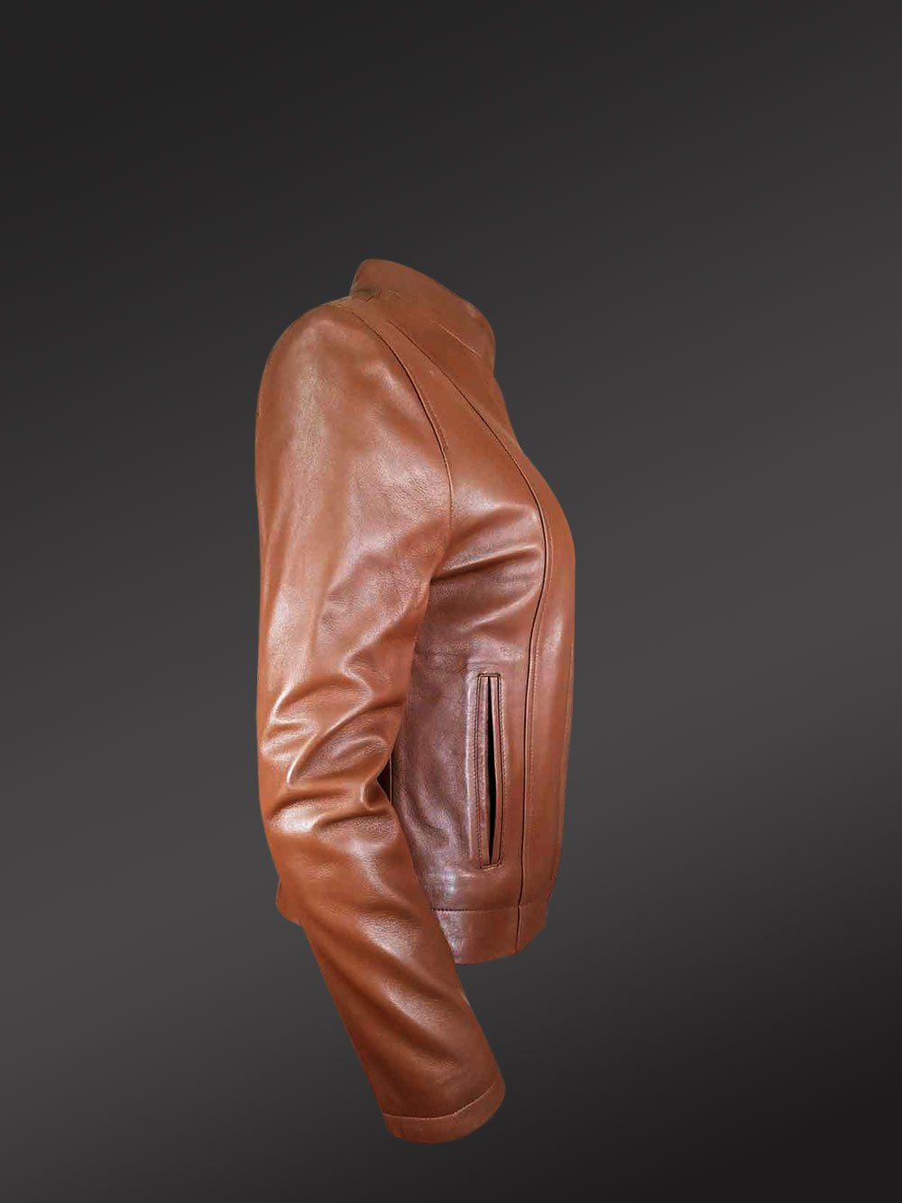 Classic Biker Jacket for Women’s With Cross Pockets in Tan - Image 3