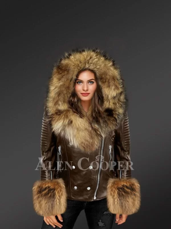 Womens Leather with Fur Biker Jacket - Image 2