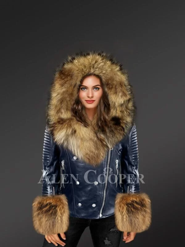 Womens Leather with Fur Biker Jacket - Image 2