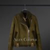 Distressed Olive Green Sheepskin Shearling Jacket For Women