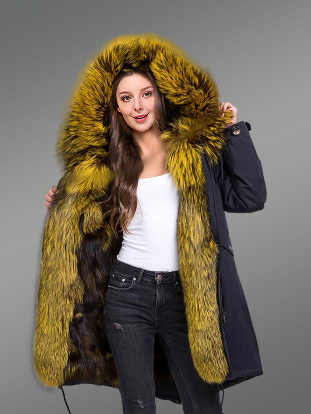 Elegant Long Black Parka with Fur Front Line and Hood for Women