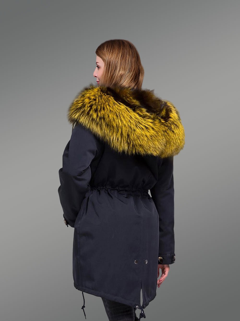 Elegant Long Black Parka with Fur Front Line and Hood for Women - Image 3