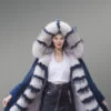 Elegant navy blue winter parka with fox fur hood and frontline for women