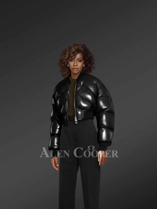 Leather Bomber Jacket with Fox Fur Collar for Women - Image 4