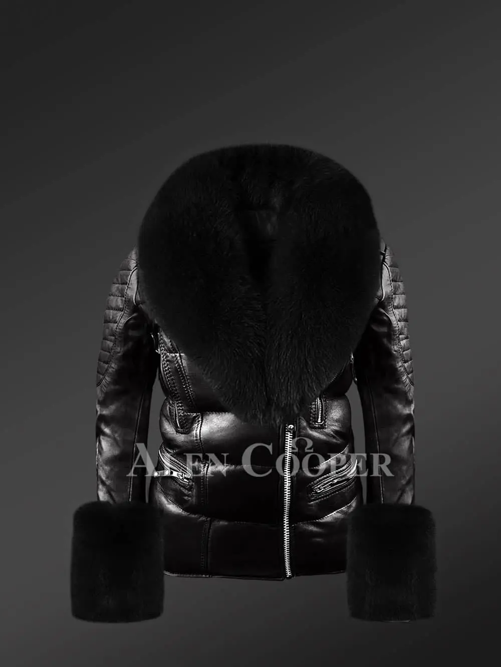 Exotic Black Moto Leather Jacket with Fox Fur and Hand Cuffs - Image 2