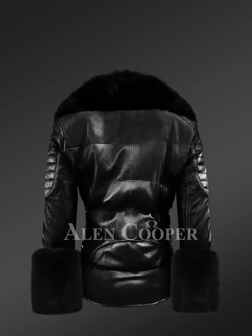 Exotic Black Moto Leather Jacket with Fox Fur and Hand Cuffs - Image 4