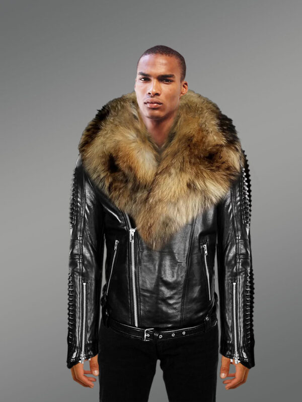 Leather Jacket with Chic Finn Raccoon Fur Collar