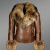 Men’s Brown Leather Jacket with Genuine Fur Hood and Handcuffs