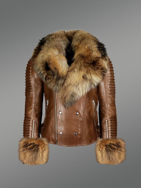 Men’s Brown Leather Jacket with Genuine Fur Hood and Handcuffs