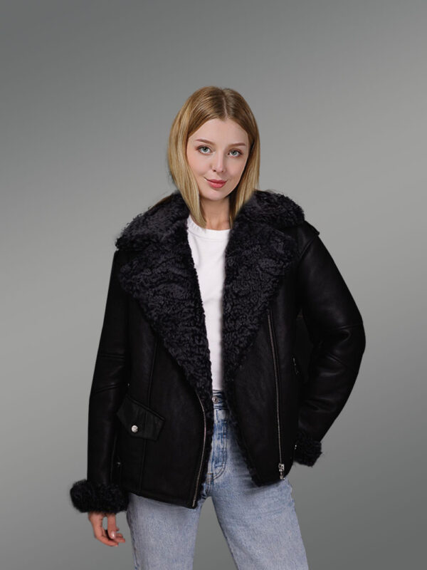 Sheepskin Shearling Jacket for Women in Black Wool