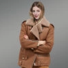 Brown Suede Finish Sheepskin Shearling Jacket for Women