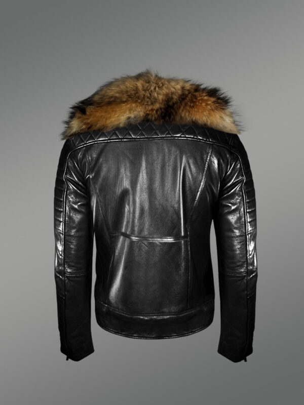 Stunning Real Leather Lapel Collar Biker Jacket with Raccoon Fur Collar for Men