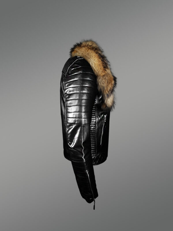 Stunning Real Leather Lapel Collar Biker Jacket with Raccoon Fur Collar for Men