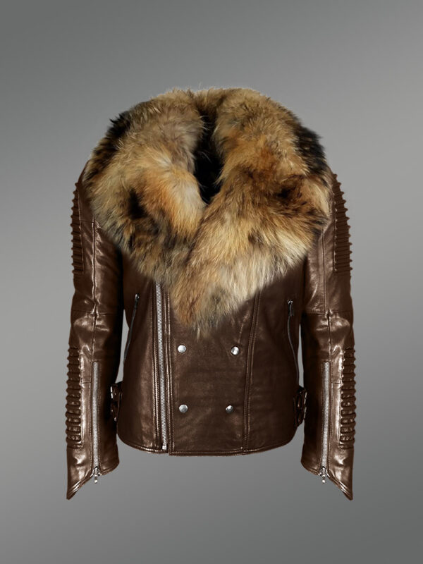 Brown Leather Jacket With Fur Collar For Men