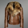 Tan Leather Jacket with Raccoon Fur Collar