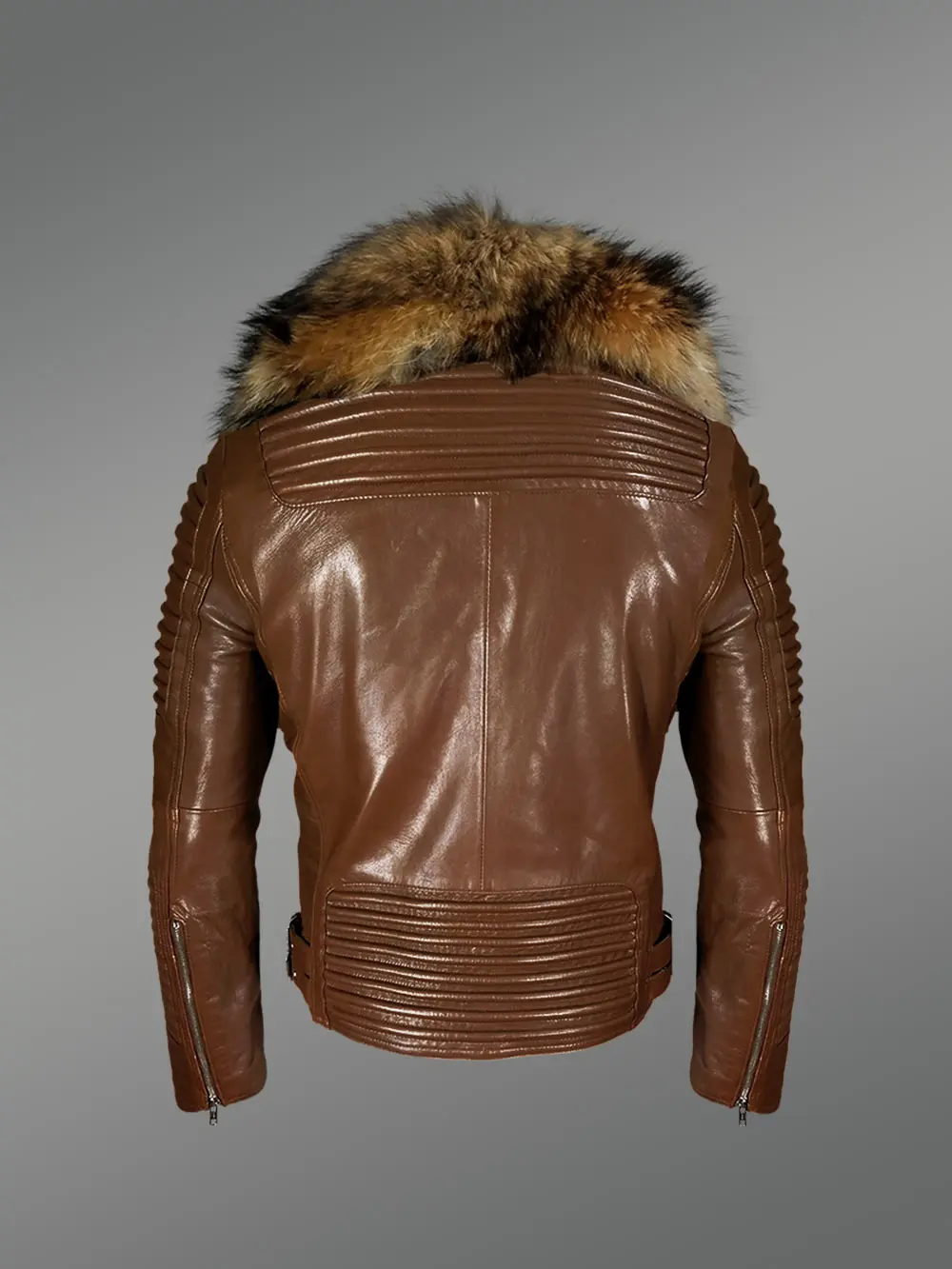 Tan Leather Jacket with Raccoon Fur Collar