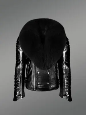 Black Motorcycle Leather Jacket with Fox Fur Collar