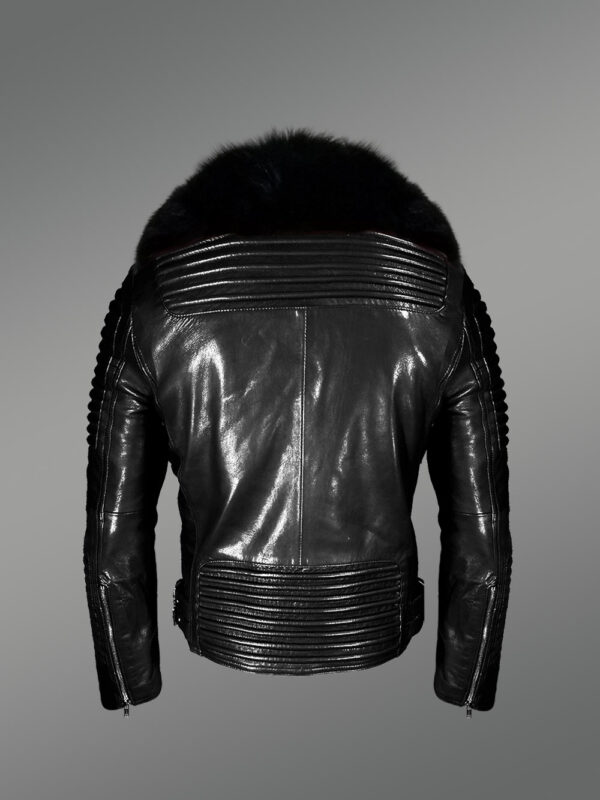 Black Motorcycle Leather Jacket with Fox Fur Collar