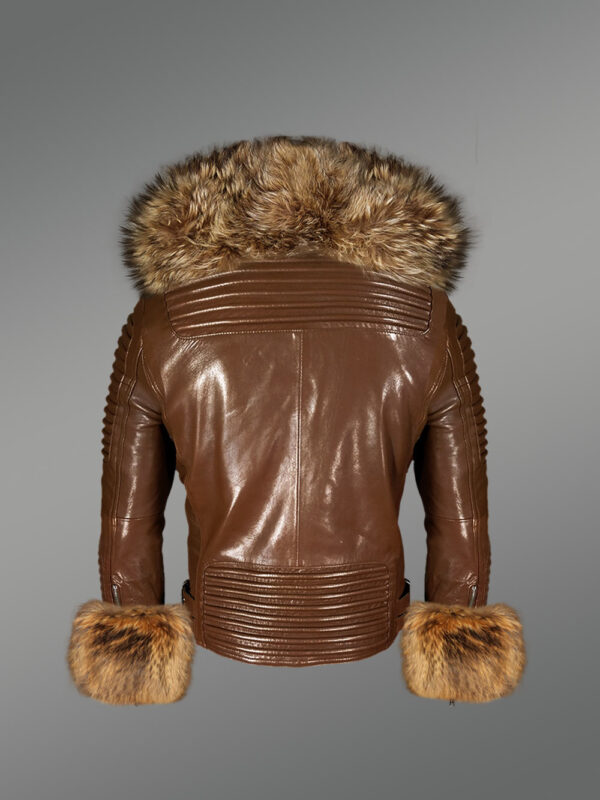 Men’s Brown Leather Jacket with Genuine Fur Hood and Handcuffs